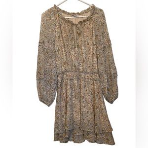 Fate SzS Boho chic Chiffon Smocked Waist Nude with Gold Foil Floral detail Dress